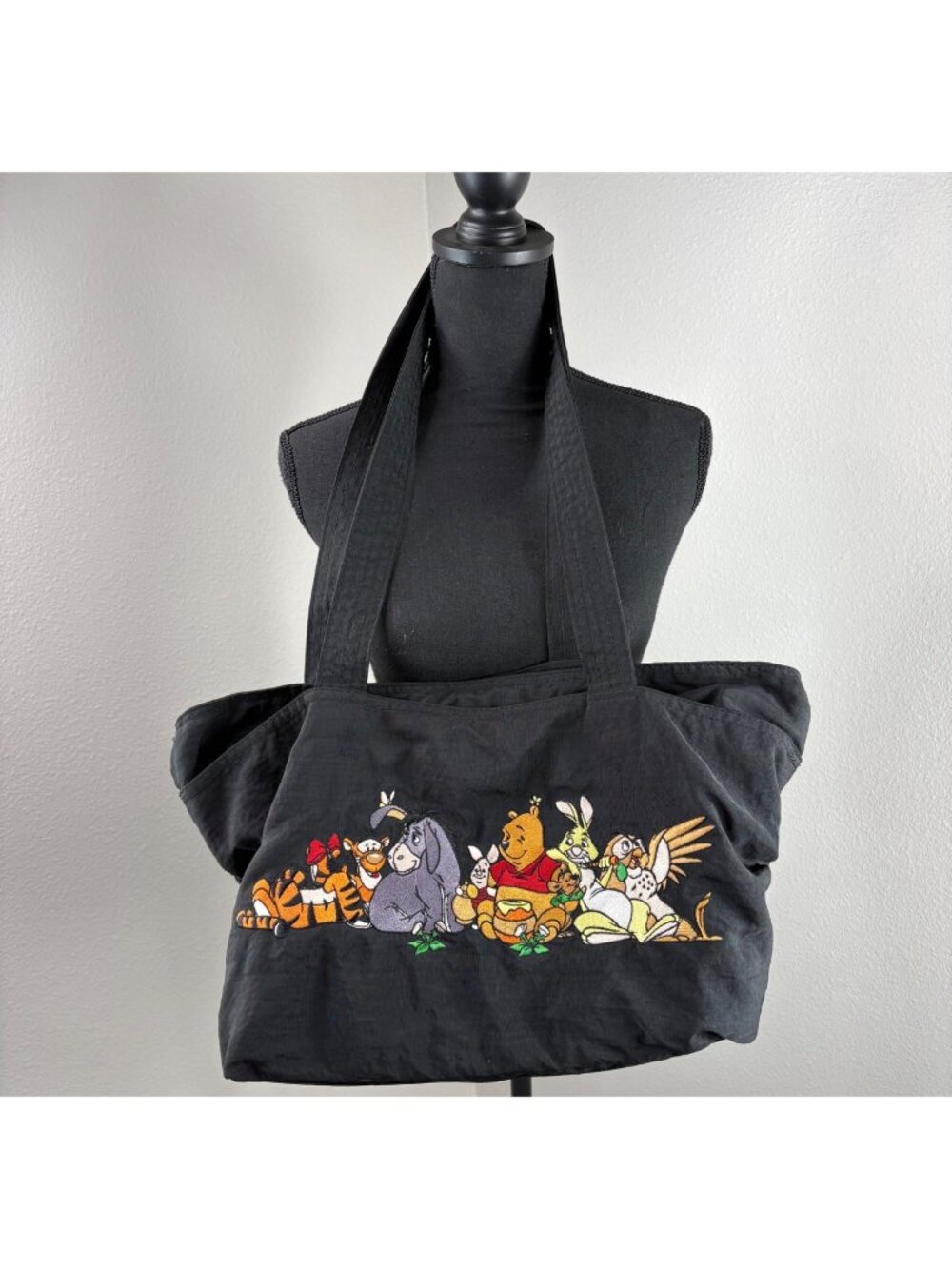 Disney Embroidered Bag Winnie the Pooh Black Carry All Vintage Nylon Tote